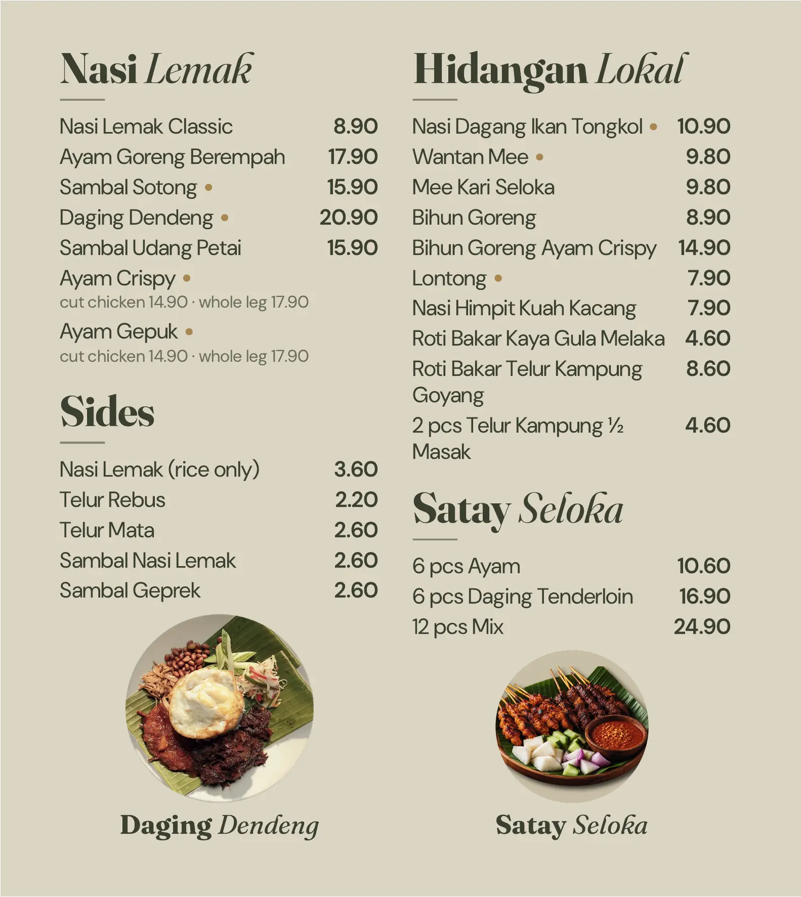 Menu page 1: Nasi Lemak, Sides, Hidangan Lokal and Satay Seloka, with prices