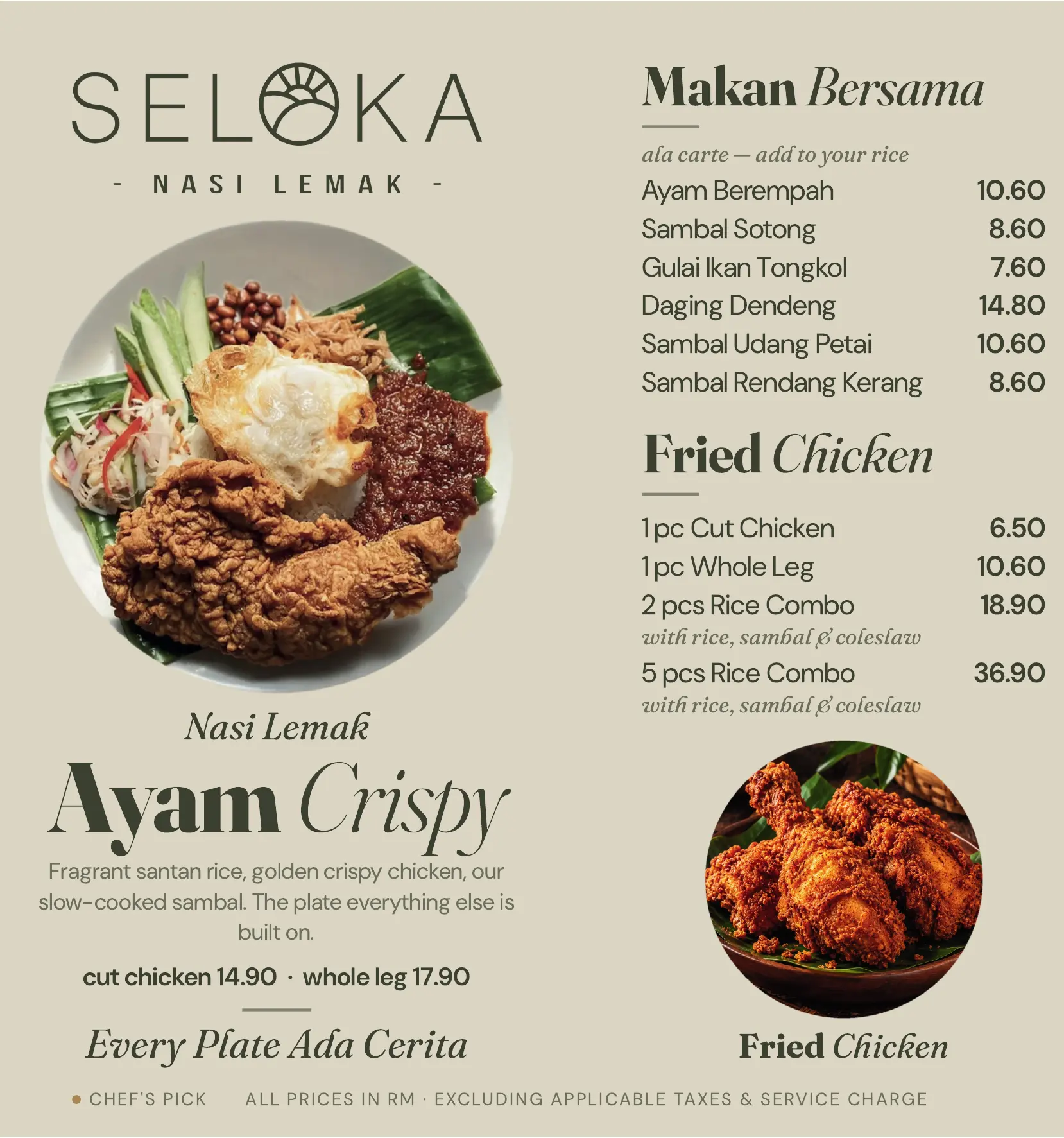 Menu page 2: Nasi Lemak Ayam Crispy, Makan Bersama and Fried Chicken, with prices
